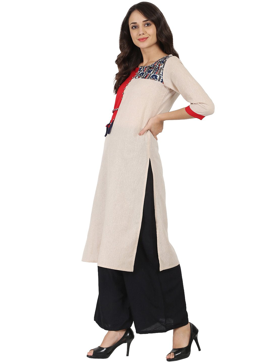 Off White 3/4Th Sleeve South Cotton Chemary Straight Kurta With Designed Yoke | LASVINI - Redefining Indian Fashion with Elegance