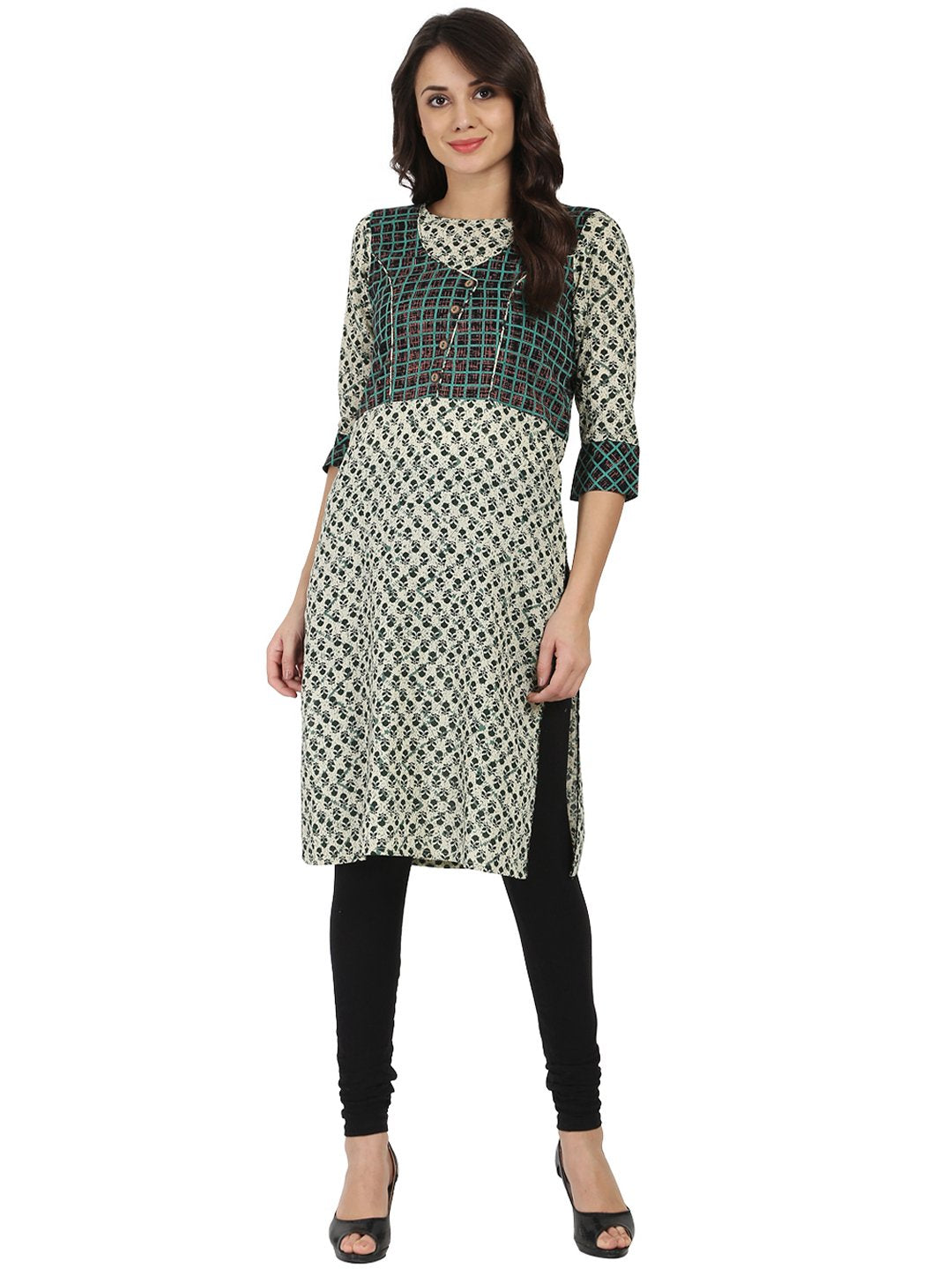 Green Printed 3/4Th Sleeve Cotton Kurta | LASVINI - Redefining Indian Fashion with Elegance