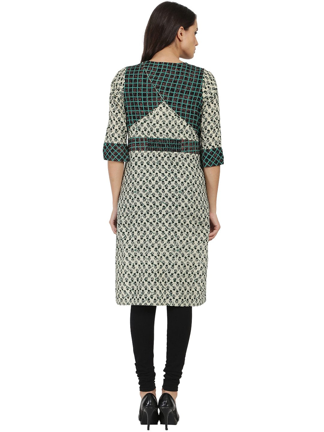 Green Printed 3/4Th Sleeve Cotton Kurta | LASVINI - Redefining Indian Fashion with Elegance