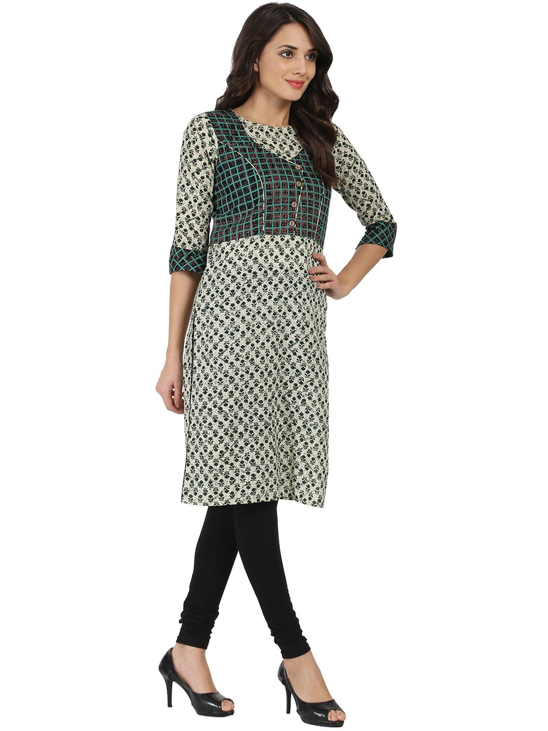 Green Printed 3/4Th Sleeve Cotton Kurta | LASVINI - Redefining Indian Fashion with Elegance