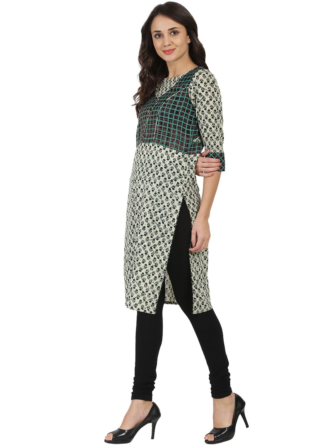 Green Printed 3/4Th Sleeve Cotton Kurta | LASVINI - Redefining Indian Fashion with Elegance