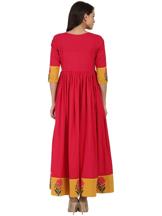 Pink 3/4Th Sleeve Cotton Long Anarkali Kurta With Printed Yoke | LASVINI - Redefining Indian Fashion with Elegance