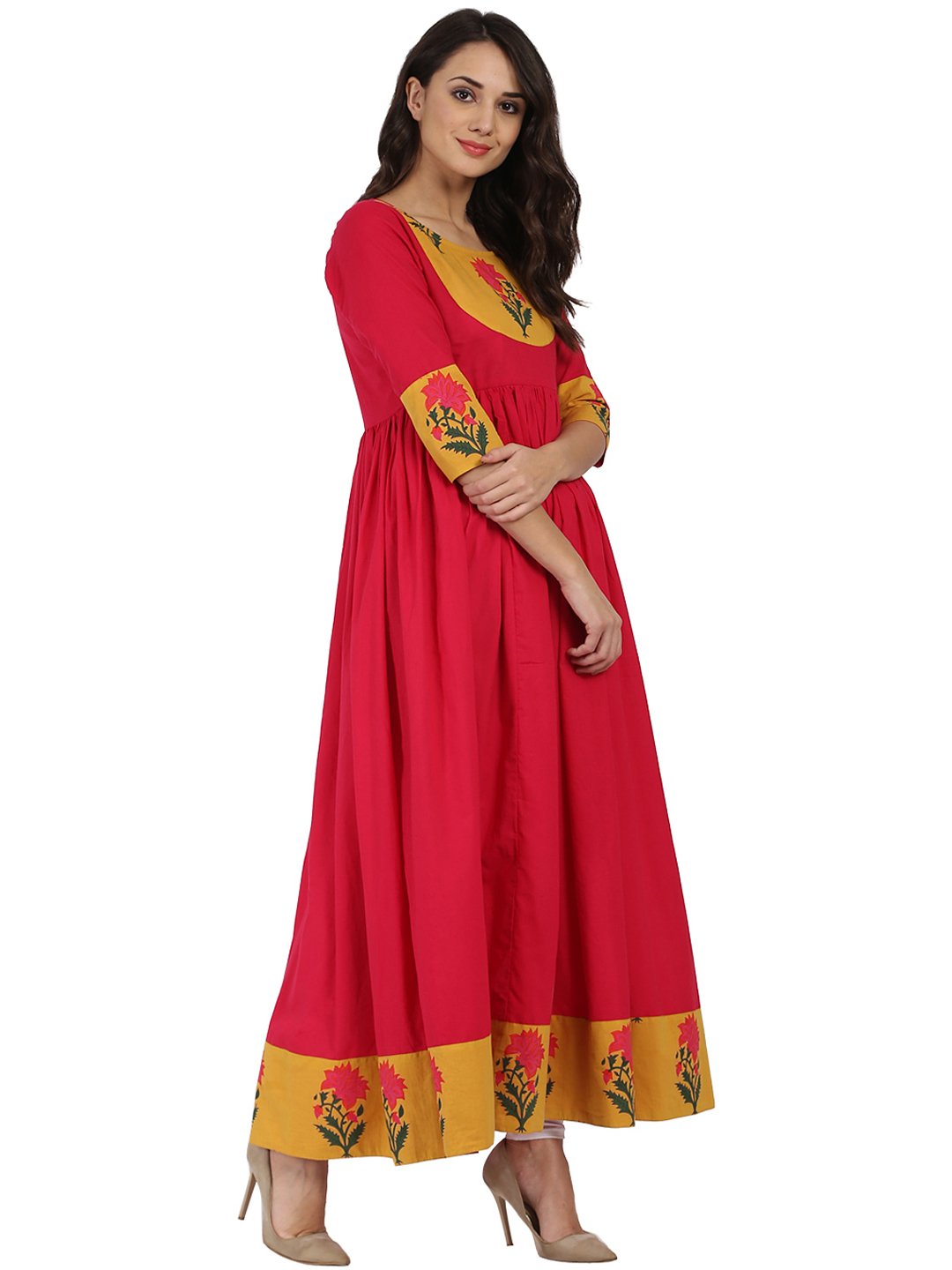 Pink 3/4Th Sleeve Cotton Long Anarkali Kurta With Printed Yoke | LASVINI - Redefining Indian Fashion with Elegance