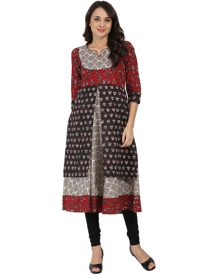 Black Printed 3/4Th Sleeve Double Layer Cotton Anarkali Kurta | LASVINI - Redefining Indian Fashion with Elegance