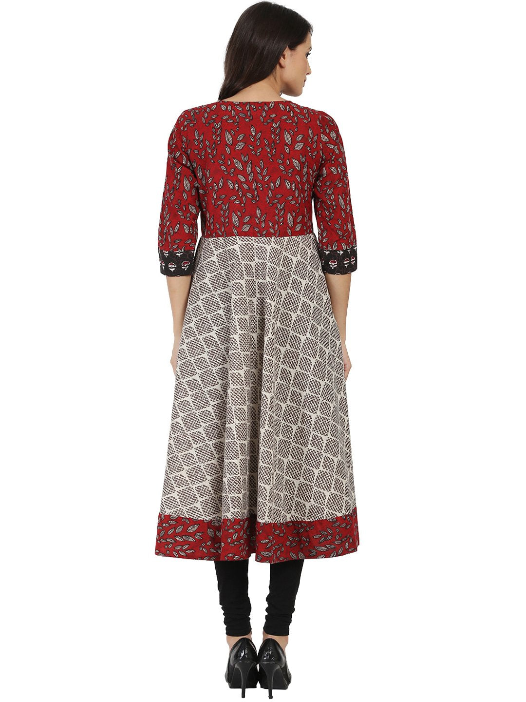 Black Printed 3/4Th Sleeve Double Layer Cotton Anarkali Kurta | LASVINI - Redefining Indian Fashion with Elegance