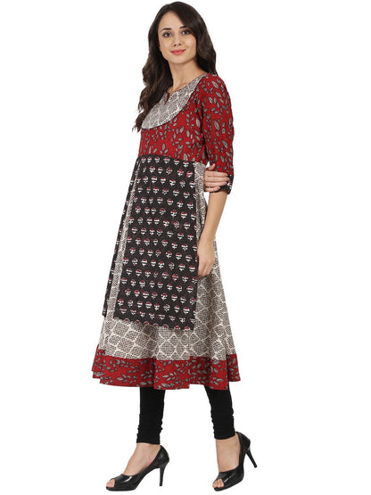 Black Printed 3/4Th Sleeve Double Layer Cotton Anarkali Kurta | LASVINI - Redefining Indian Fashion with Elegance