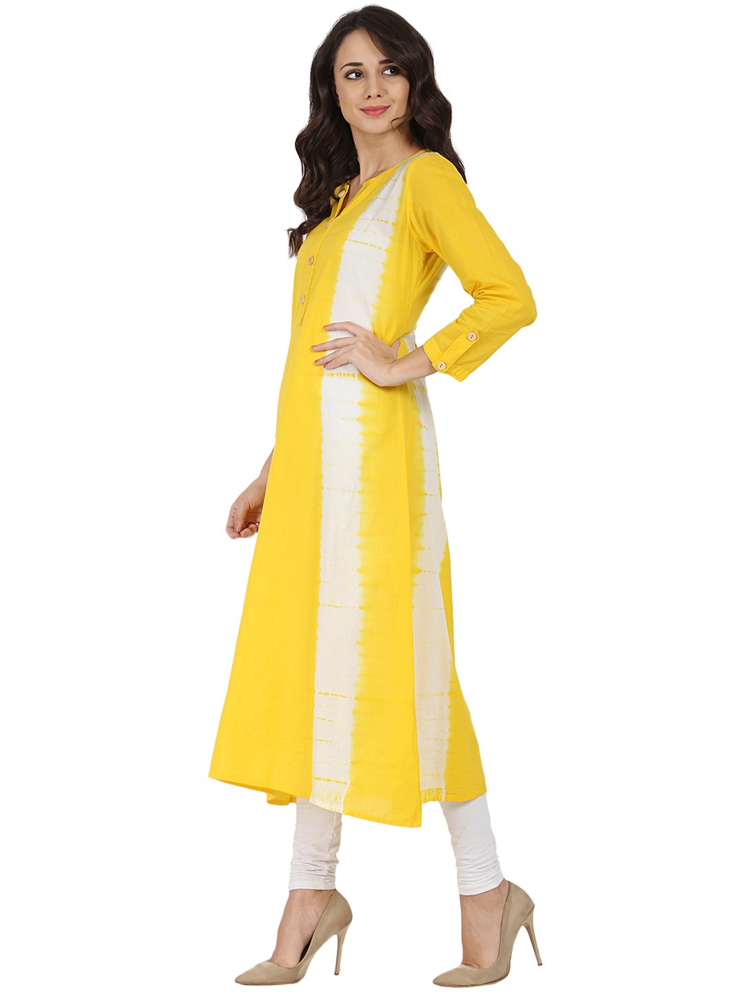 Yellow Tie Dye 3/4Th Sleeve Cotton A-Line Kurta | LASVINI - Redefining Indian Fashion with Elegance