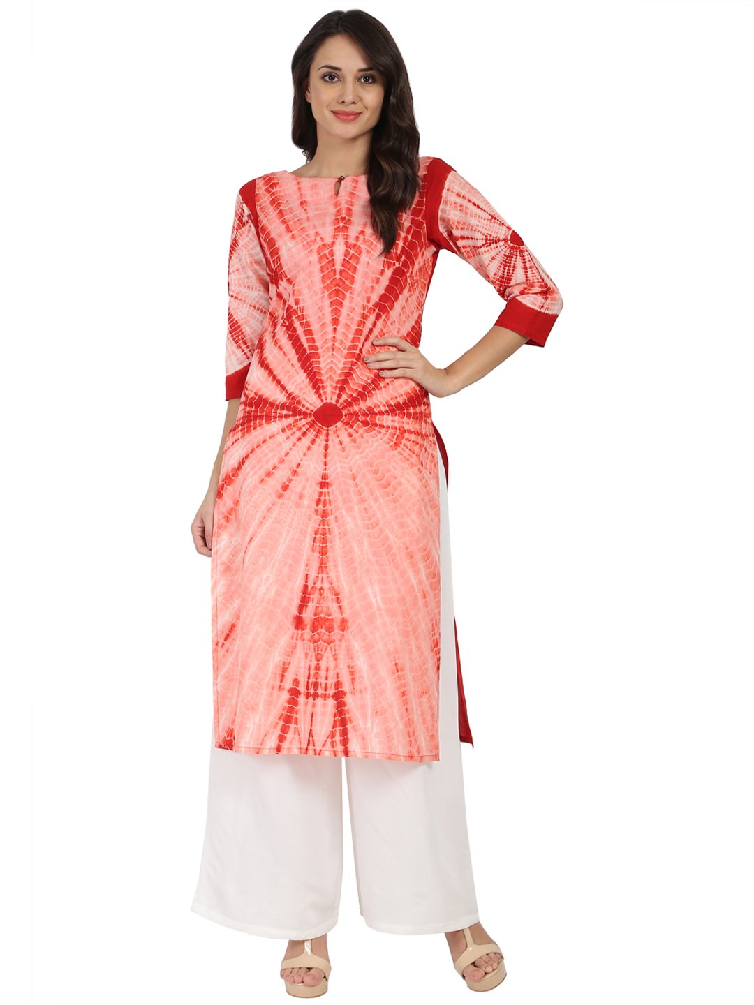 Peach Tie Dye 3/4Th Sleeve Cotton Kurta | LASVINI - Redefining Indian Fashion with Elegance