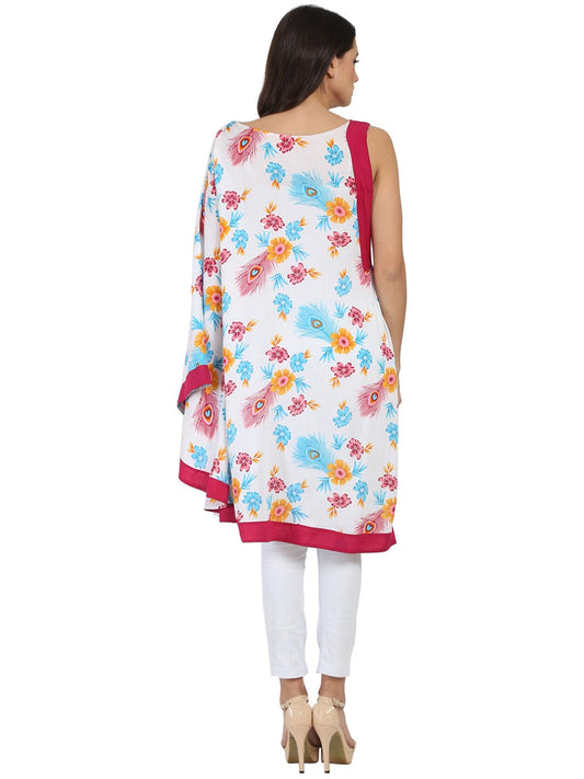 White Printed One Side Sleeve Rayon Flared Kaftan Kurta | LASVINI - Redefining Indian Fashion with Elegance