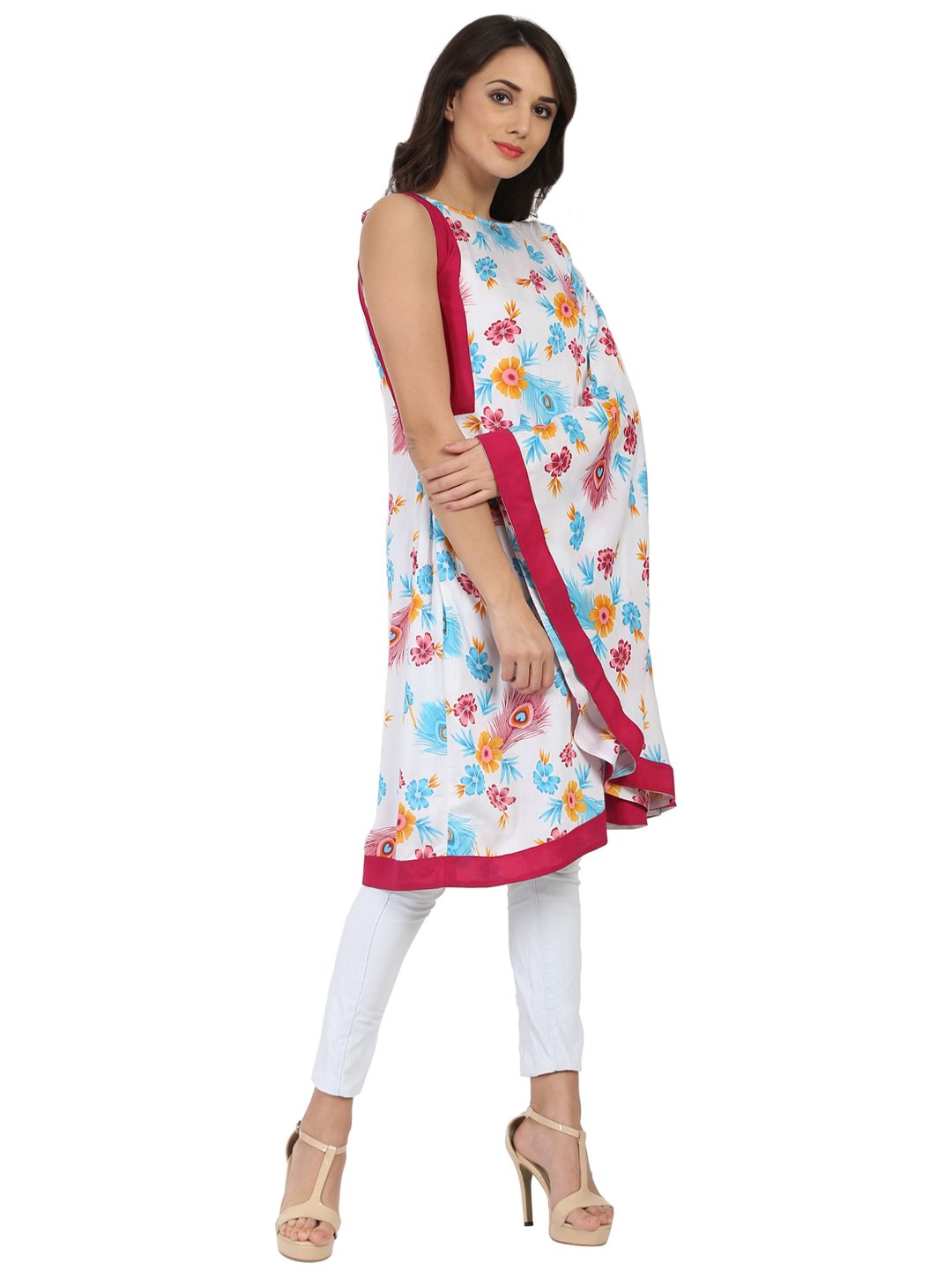 White Printed One Side Sleeve Rayon Flared Kaftan Kurta | LASVINI - Redefining Indian Fashion with Elegance