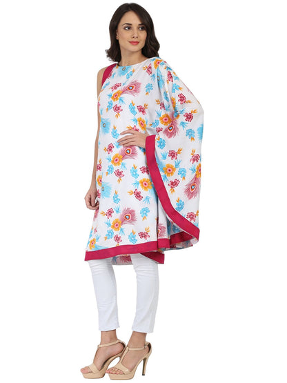 White Printed One Side Sleeve Rayon Flared Kaftan Kurta | LASVINI - Redefining Indian Fashion with Elegance