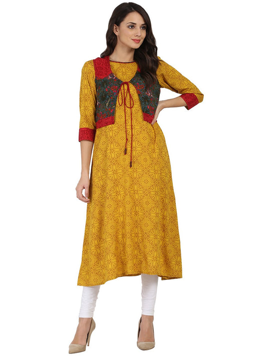 Yellow Printed 3/4Th Sleeve Rayon Anarkali Kurta With Blue Printed Jacket | LASVINI - Redefining Indian Fashion with Elegance