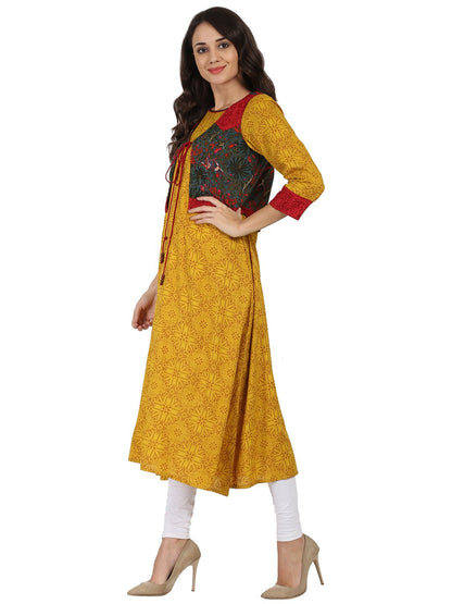 Yellow Printed 3/4Th Sleeve Rayon Anarkali Kurta With Blue Printed Jacket | LASVINI - Redefining Indian Fashion with Elegance