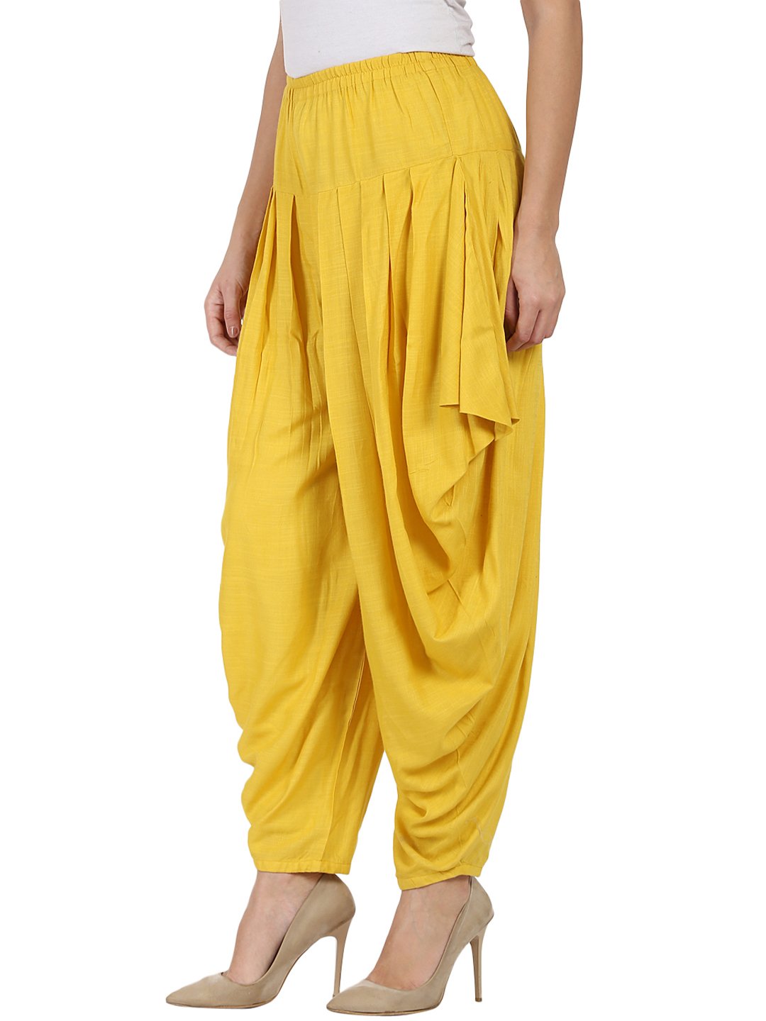 Yellow Rayon Slub Ankle Length Pleated Dhoti | LASVINI - Redefining Indian Fashion with Elegance