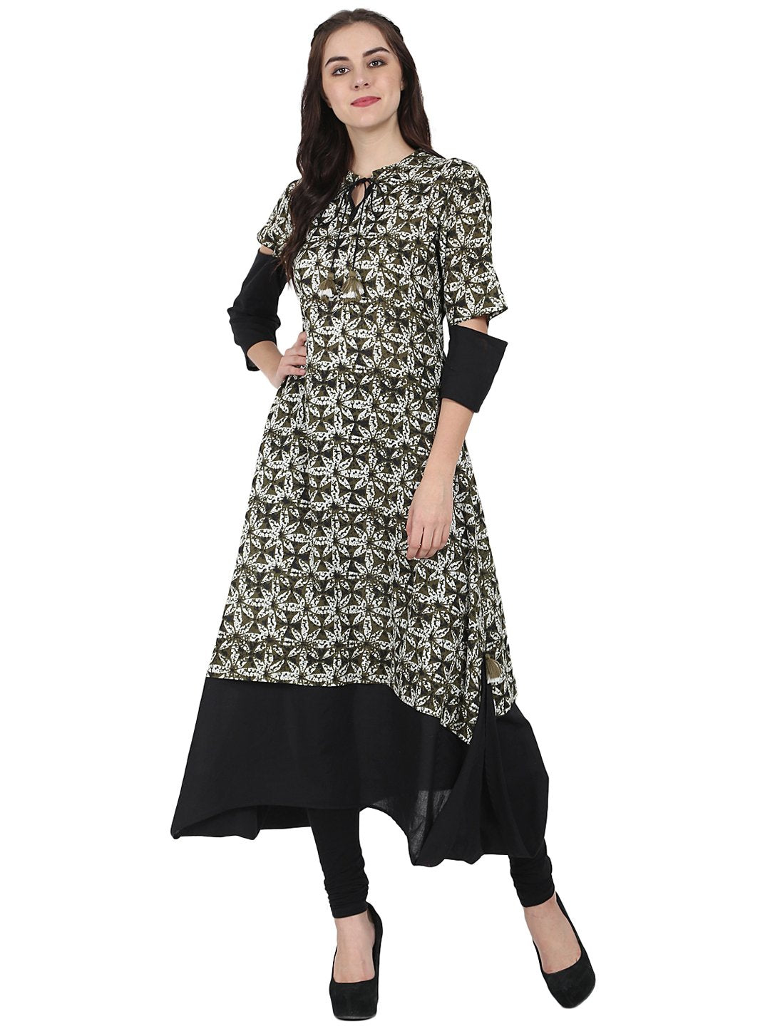 Black Printed Half Sleeve Cotton A-Line Kurta | LASVINI - Redefining Indian Fashion with Elegance