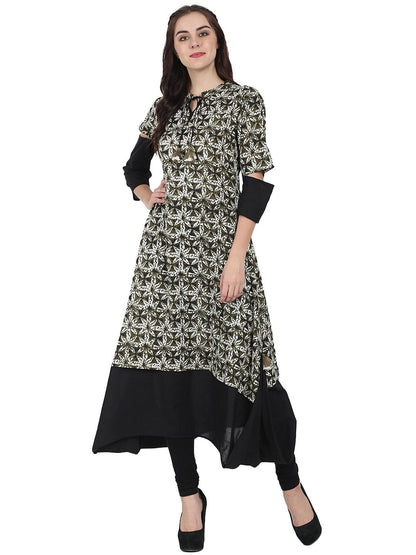 Black Printed Half Sleeve Cotton A-Line Kurta | LASVINI - Redefining Indian Fashion with Elegance
