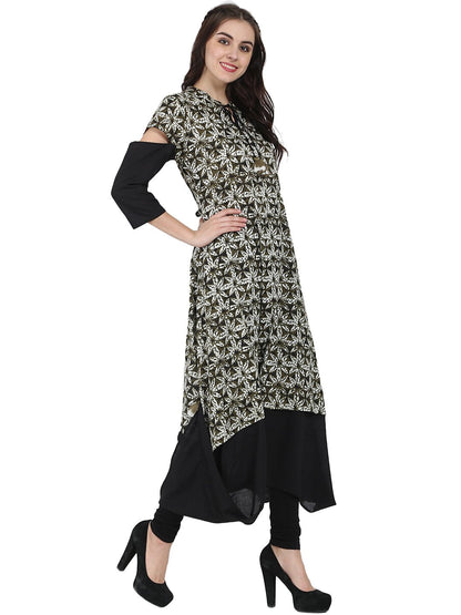 Black Printed Half Sleeve Cotton A-Line Kurta | LASVINI - Redefining Indian Fashion with Elegance