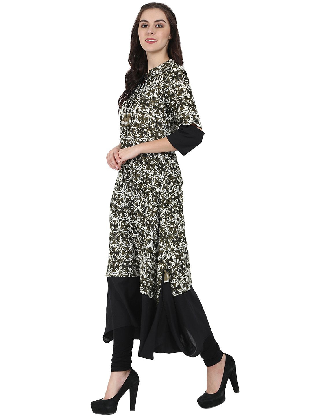 Black Printed Half Sleeve Cotton A-Line Kurta | LASVINI - Redefining Indian Fashion with Elegance