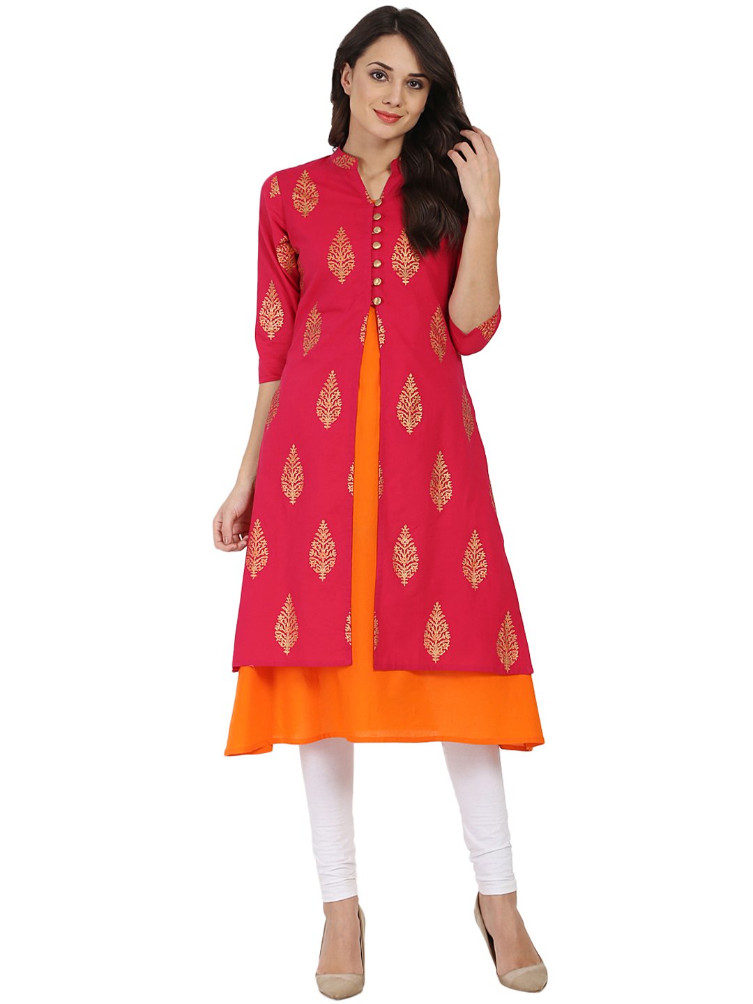 Red And Orange Printed 3/4Th Sleeve Double Layer Cotton Kurta | LASVINI - Redefining Indian Fashion with Elegance