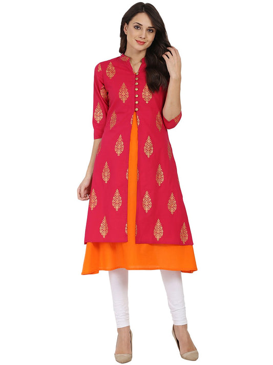 Red And Orange Printed 3/4Th Sleeve Double Layer Cotton Kurta | LASVINI - Redefining Indian Fashion with Elegance