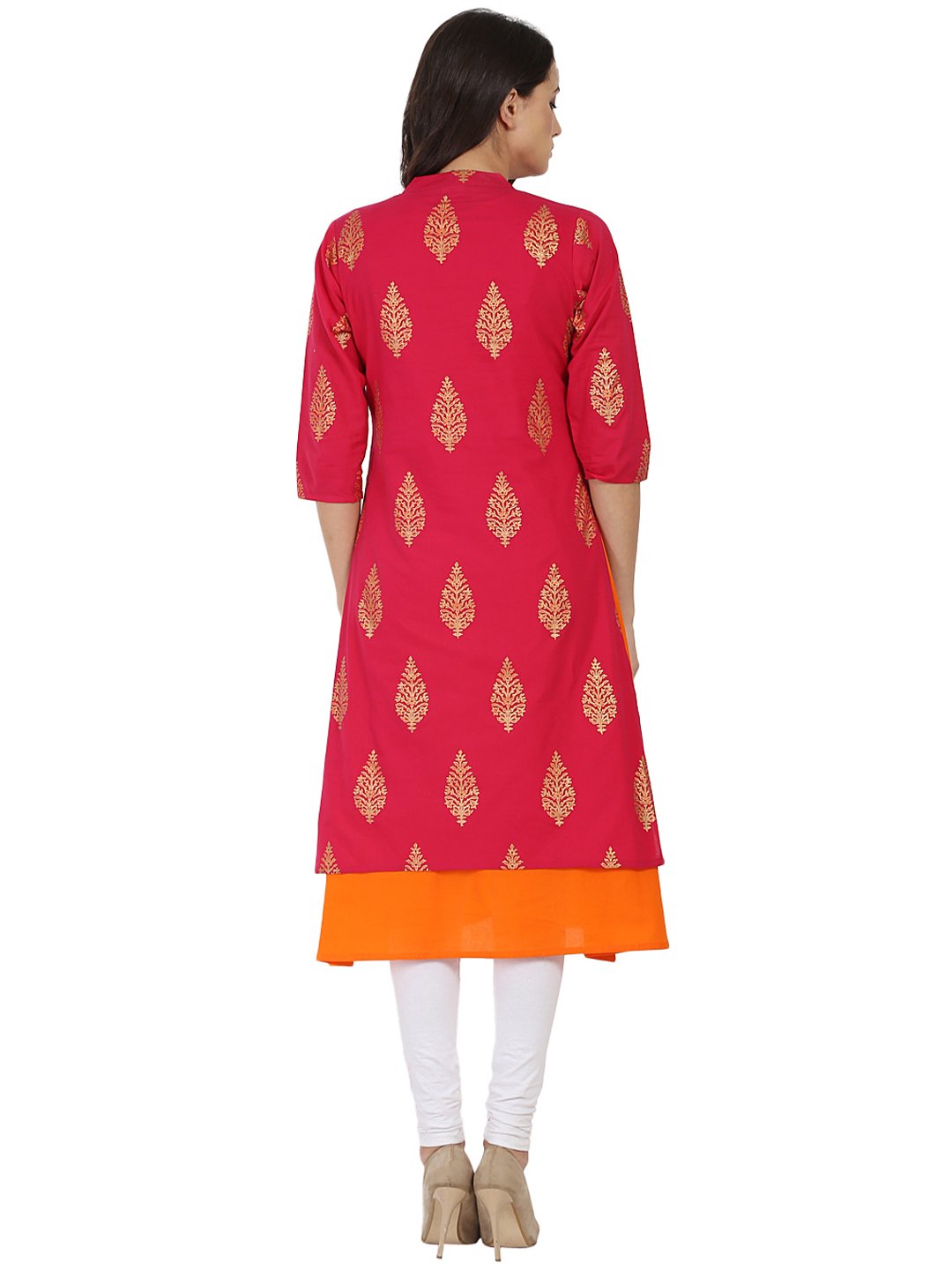 Red And Orange Printed 3/4Th Sleeve Double Layer Cotton Kurta | LASVINI - Redefining Indian Fashion with Elegance