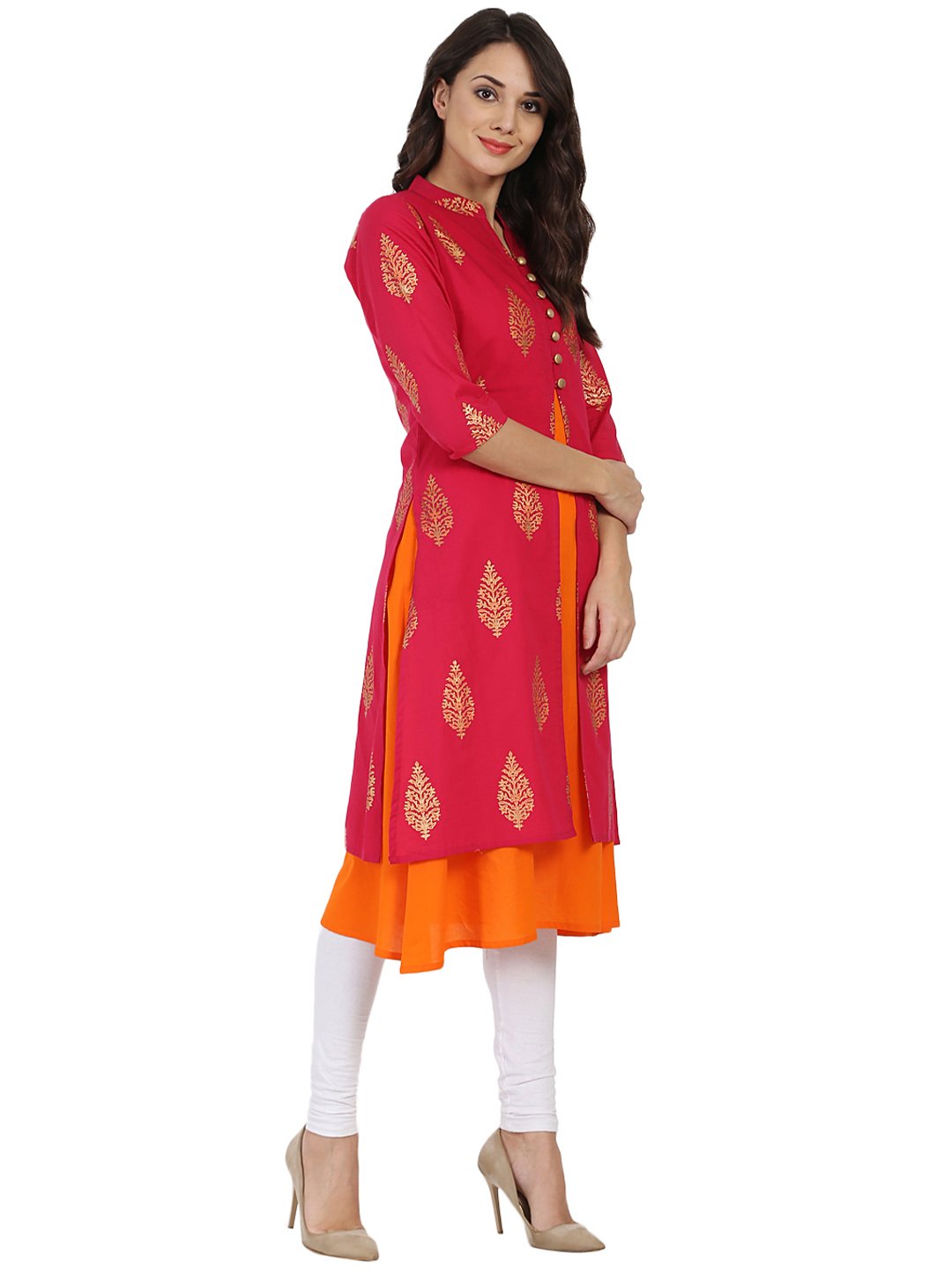 Red And Orange Printed 3/4Th Sleeve Double Layer Cotton Kurta | LASVINI - Redefining Indian Fashion with Elegance