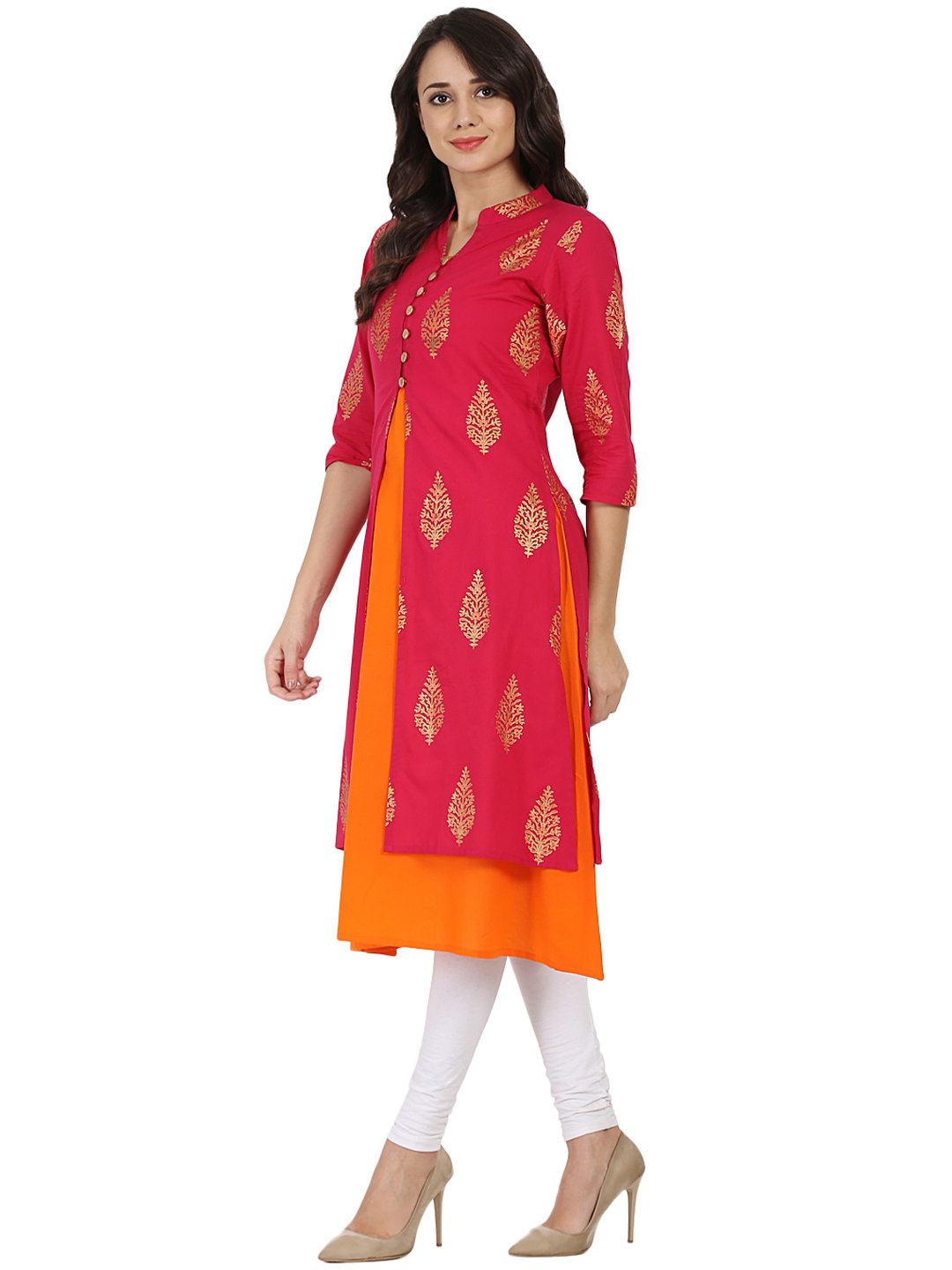 Red And Orange Printed 3/4Th Sleeve Double Layer Cotton Kurta | LASVINI - Redefining Indian Fashion with Elegance