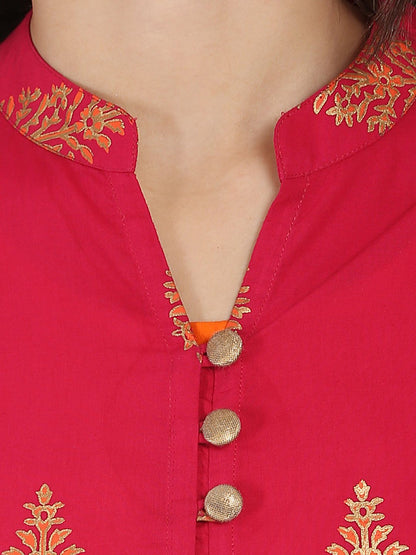 Red And Orange Printed 3/4Th Sleeve Double Layer Cotton Kurta | LASVINI - Redefining Indian Fashion with Elegance