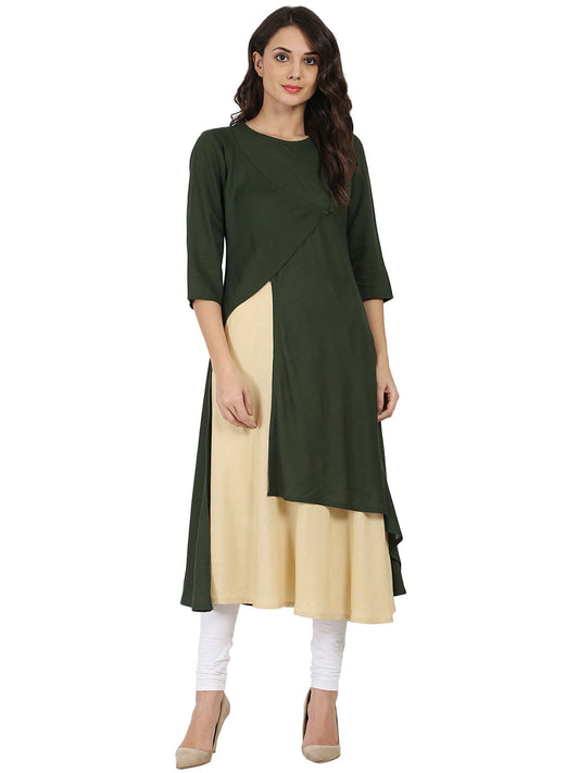 Green & Off White 3/4Th Sleeve Rayon Double Layer A-Line Kurta | LASVINI - Redefining Indian Fashion with Elegance