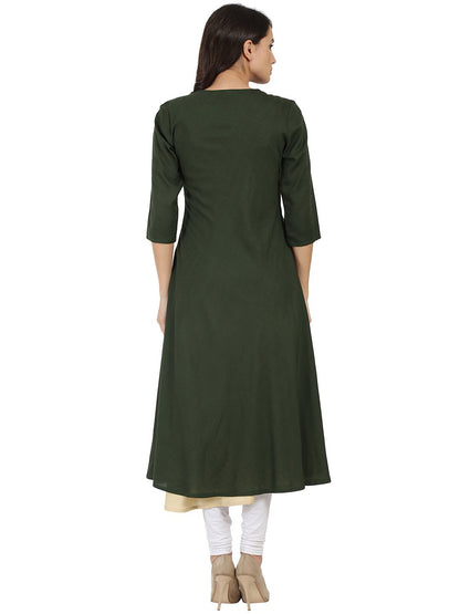 Green & Off White 3/4Th Sleeve Rayon Double Layer A-Line Kurta | LASVINI - Redefining Indian Fashion with Elegance