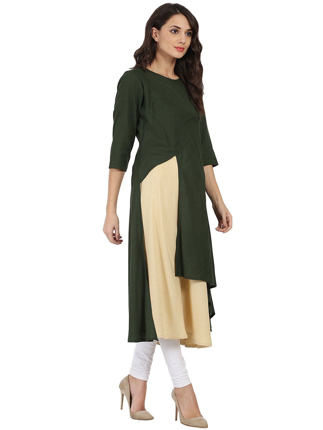 Green & Off White 3/4Th Sleeve Rayon Double Layer A-Line Kurta | LASVINI - Redefining Indian Fashion with Elegance
