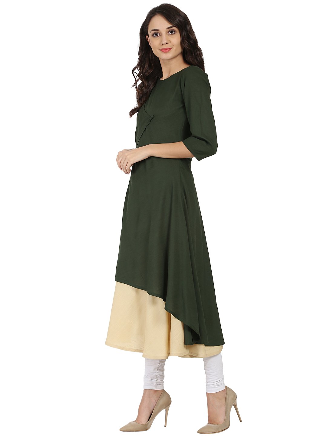 Green & Off White 3/4Th Sleeve Rayon Double Layer A-Line Kurta | LASVINI - Redefining Indian Fashion with Elegance