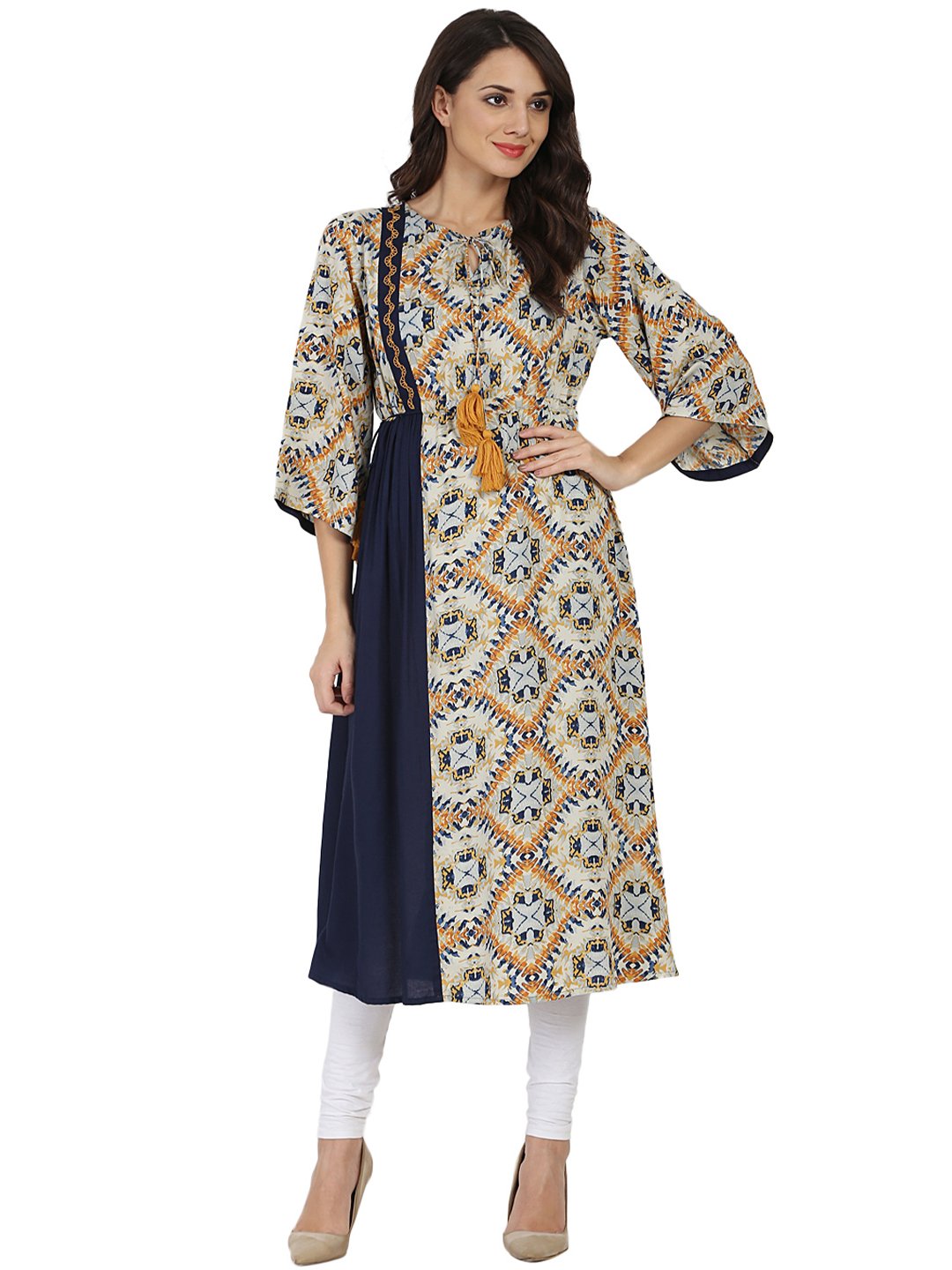 Blue Printed 3/4Th Sleeve Rayon Anarkali Kurta With Embroidery Work | LASVINI - Redefining Indian Fashion with Elegance