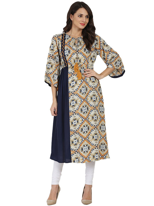 Blue Printed 3/4Th Sleeve Rayon Anarkali Kurta With Embroidery Work | LASVINI - Redefining Indian Fashion with Elegance