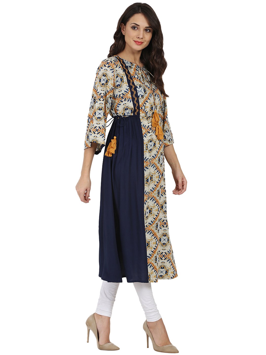 Blue Printed 3/4Th Sleeve Rayon Anarkali Kurta With Embroidery Work | LASVINI - Redefining Indian Fashion with Elegance