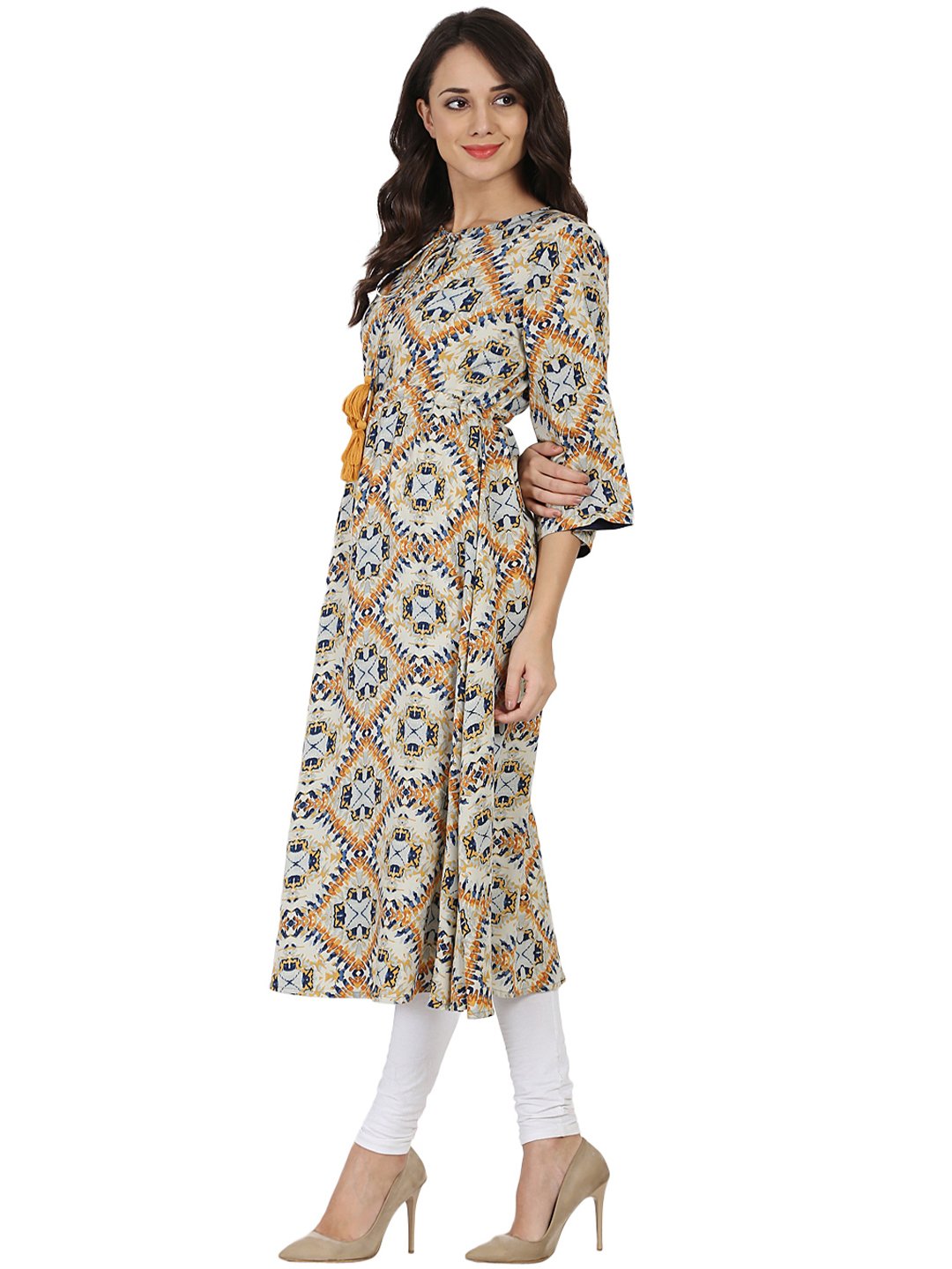 Blue Printed 3/4Th Sleeve Rayon Anarkali Kurta With Embroidery Work | LASVINI - Redefining Indian Fashion with Elegance