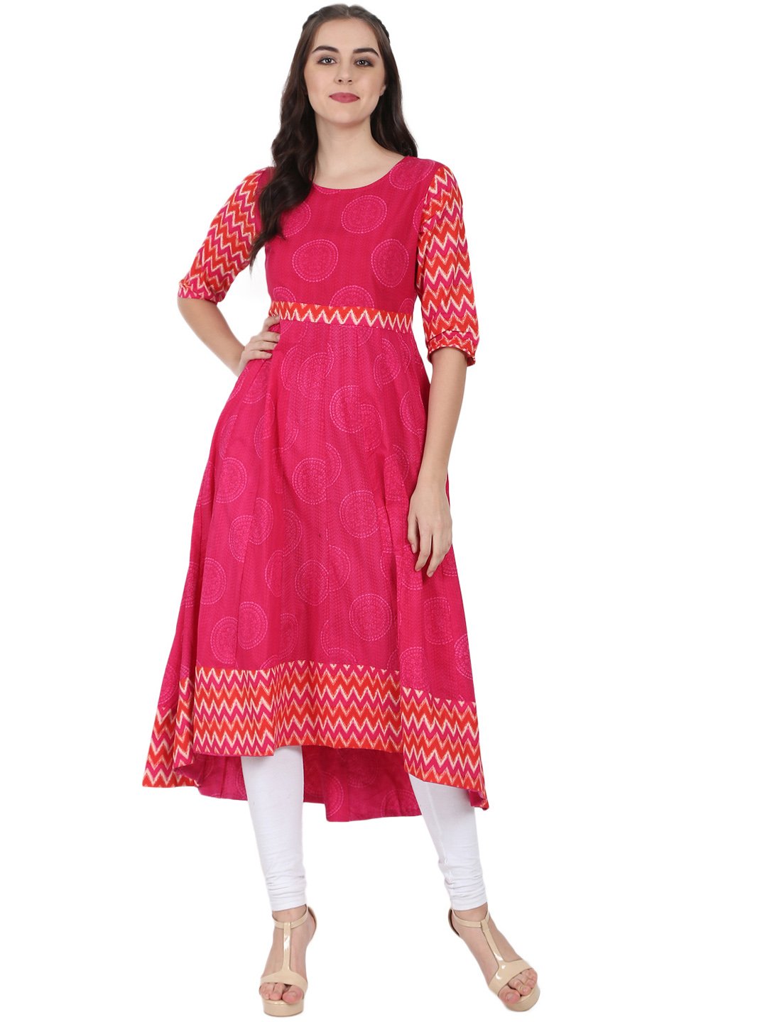 Pink Printed 3/4Th Sleeve Cotton Anarkali Kurta | LASVINI - Redefining Indian Fashion with Elegance