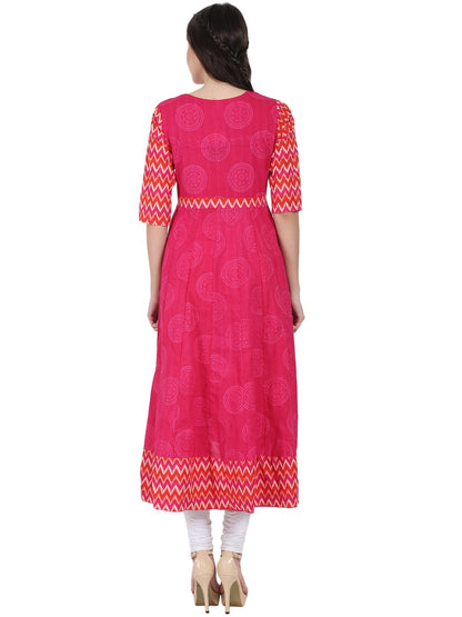 Pink Printed 3/4Th Sleeve Cotton Anarkali Kurta | LASVINI - Redefining Indian Fashion with Elegance