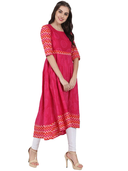 Pink Printed 3/4Th Sleeve Cotton Anarkali Kurta | LASVINI - Redefining Indian Fashion with Elegance