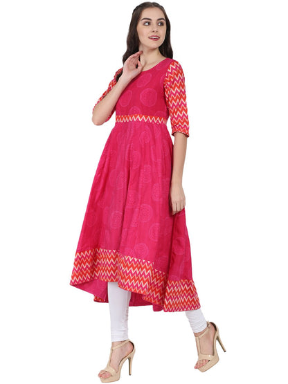 Pink Printed 3/4Th Sleeve Cotton Anarkali Kurta | LASVINI - Redefining Indian Fashion with Elegance