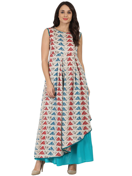 Blue Printed Sleeveless Cotton A-Line Kurta With Blue Palazzo | LASVINI - Redefining Indian Fashion with Elegance