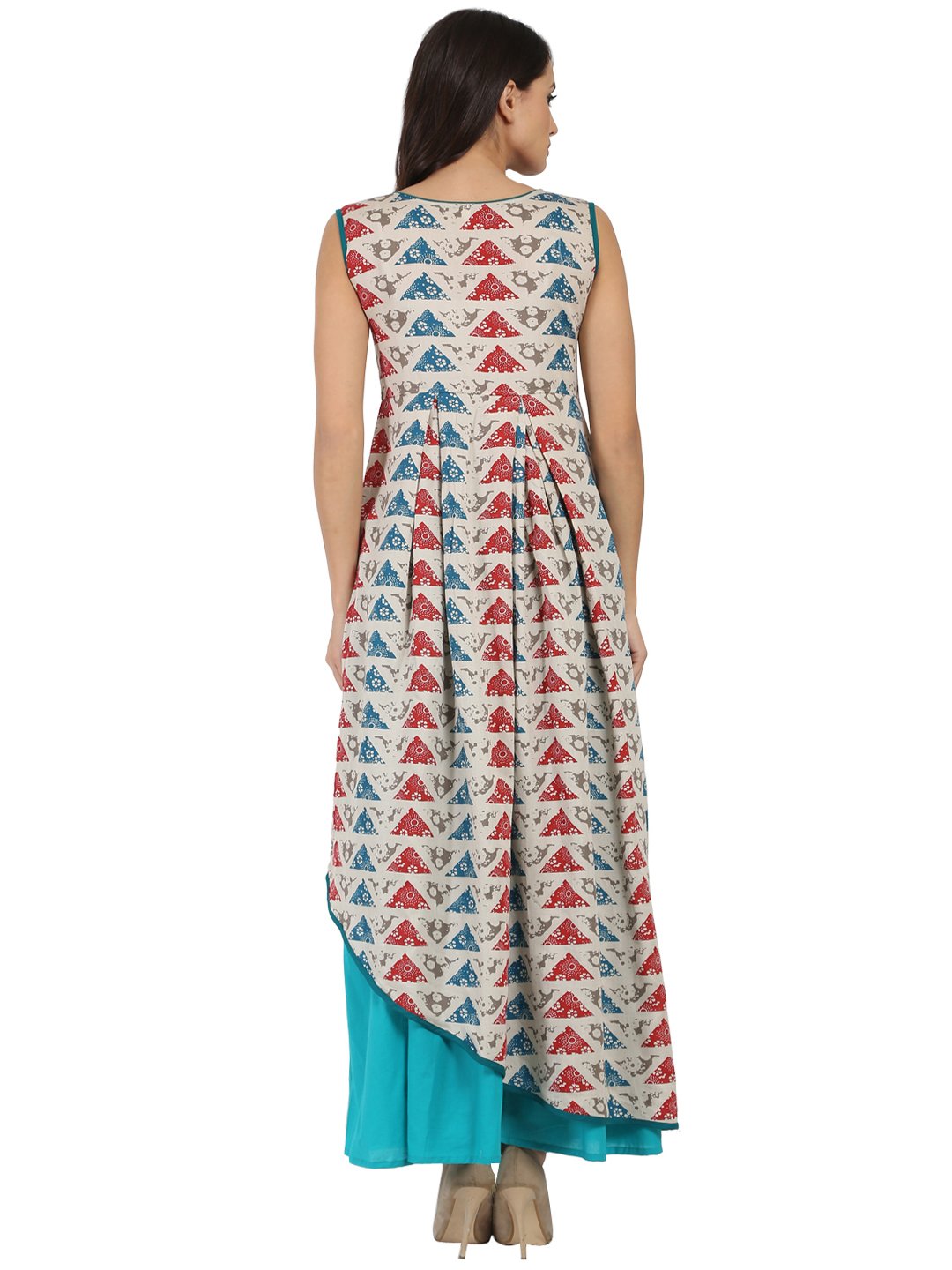 Blue Printed Sleeveless Cotton A-Line Kurta With Blue Palazzo | LASVINI - Redefining Indian Fashion with Elegance