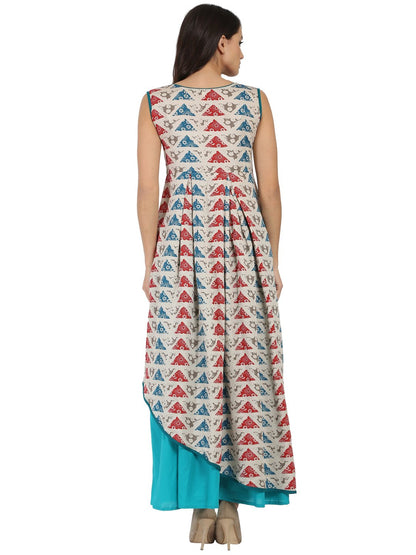 Blue Printed Sleeveless Cotton A-Line Kurta With Blue Palazzo | LASVINI - Redefining Indian Fashion with Elegance