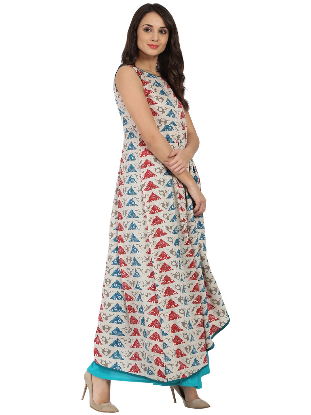 Blue Printed Sleeveless Cotton A-Line Kurta With Blue Palazzo | LASVINI - Redefining Indian Fashion with Elegance