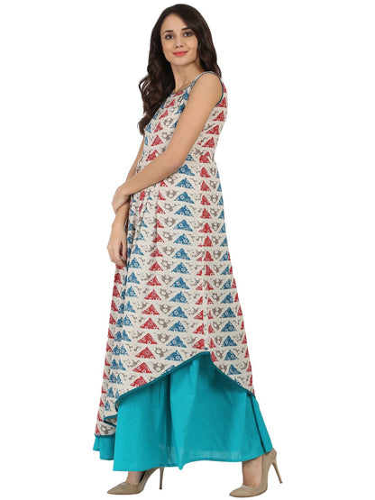 Blue Printed Sleeveless Cotton A-Line Kurta With Blue Palazzo | LASVINI - Redefining Indian Fashion with Elegance