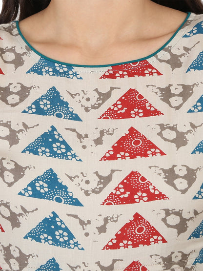 Blue Printed Sleeveless Cotton A-Line Kurta With Blue Palazzo | LASVINI - Redefining Indian Fashion with Elegance