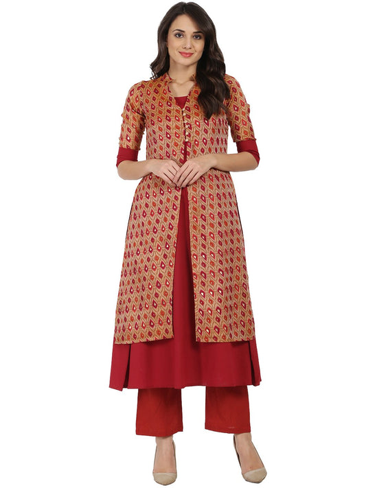 Red Printed 3/4Th Sleeve Chandri Double Layer Kurta | LASVINI - Redefining Indian Fashion with Elegance