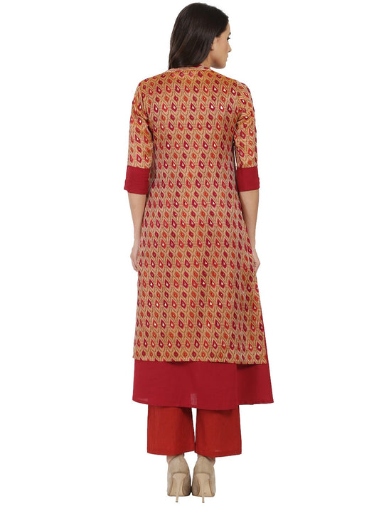 Red Printed 3/4Th Sleeve Chandri Double Layer Kurta | LASVINI - Redefining Indian Fashion with Elegance