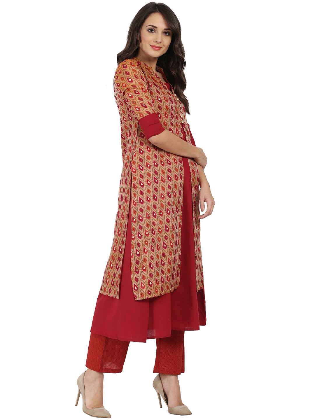Red Printed 3/4Th Sleeve Chandri Double Layer Kurta | LASVINI - Redefining Indian Fashion with Elegance