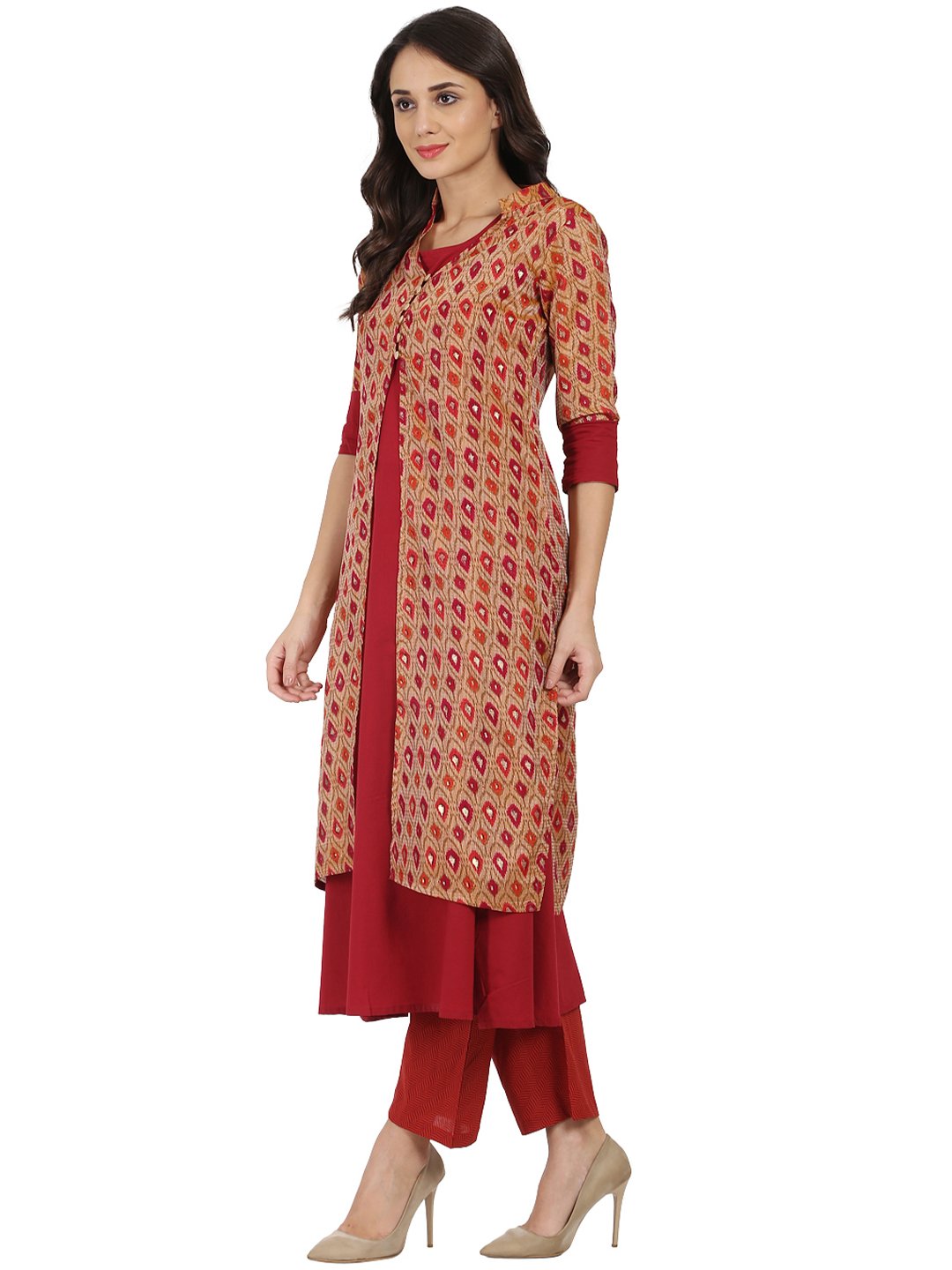 Red Printed 3/4Th Sleeve Chandri Double Layer Kurta | LASVINI - Redefining Indian Fashion with Elegance